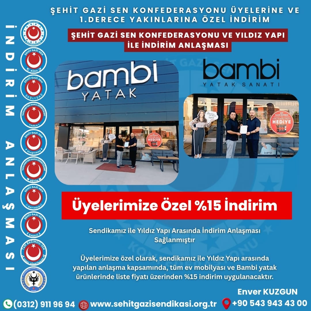 Sendika Üyelerimize Özel Bursa Bambi Yatak (Yıldız Yapı) İndirim Anlaşması (%15)